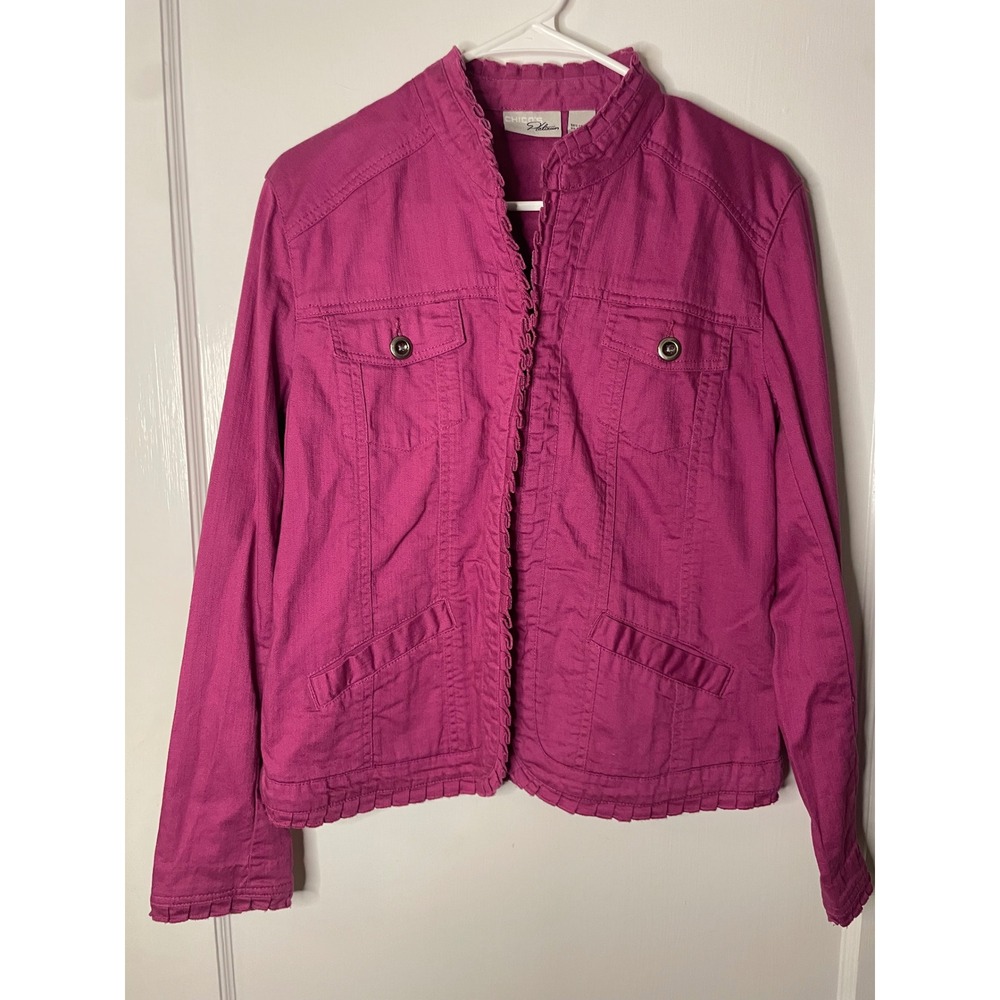 Chico's Platinum Ruffle Trim Jacket Size 1‎ Magenta Cotton Blend medium